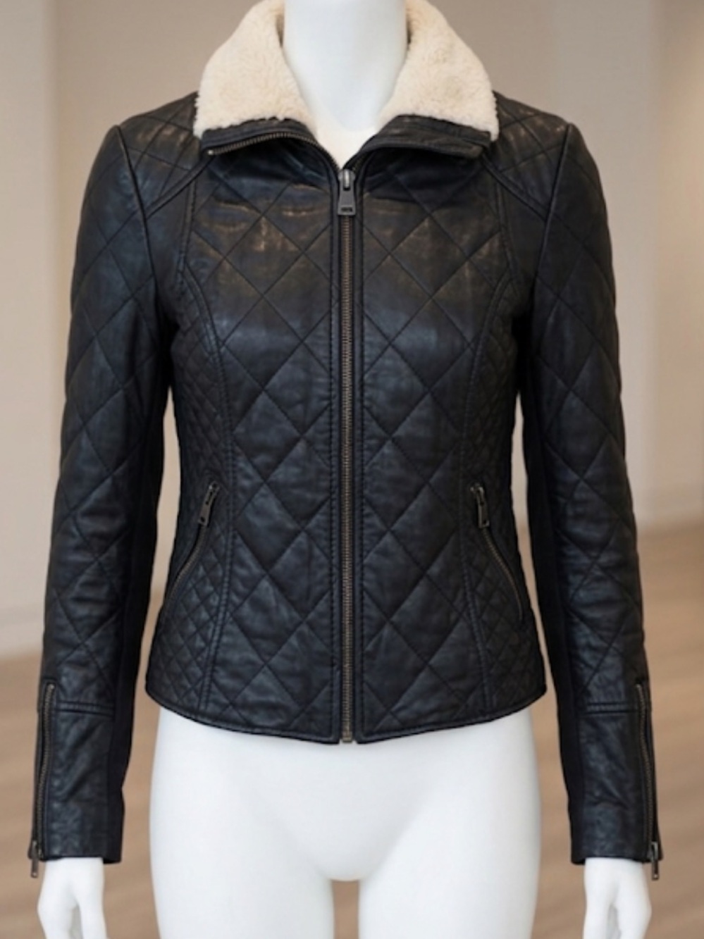 Black  genuine Leather Quilted Jacket with Sherpa Collar